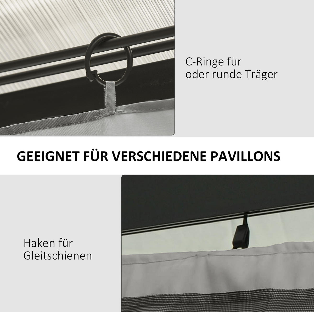 PAVILLON-SEITENWÄNDE 302/205 cm hellgrau aus Polyester mit Haken und C-Ringen - Hellgrau, Textil (205/1/302cm) - OKWISH