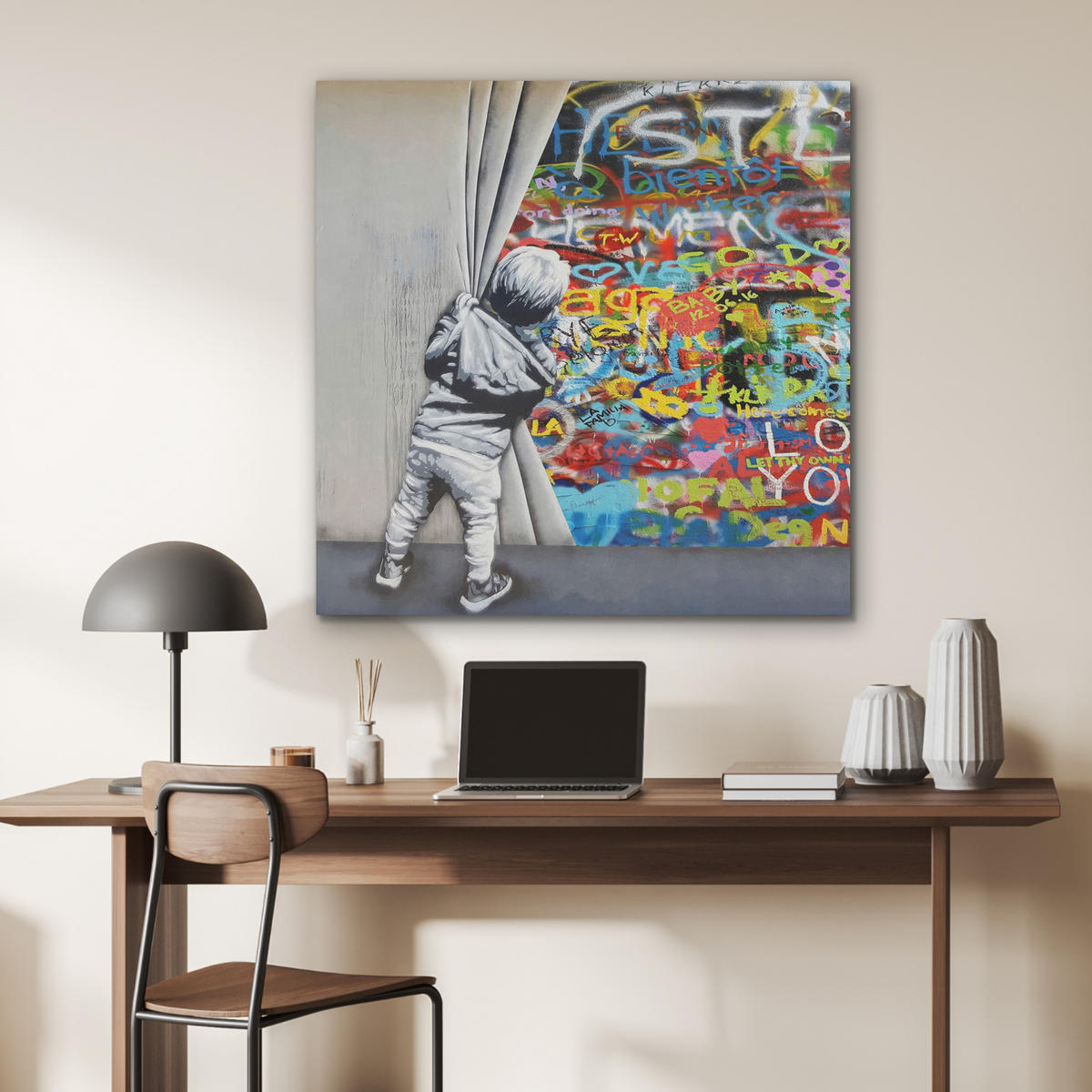 AKUSTIKBILD Graffiti - Junge - Ilussie - Straßenkunst Akustikpaneele 90x90 cm - Hellgrau, Textil (90/90/0.9cm) - MuchoWow