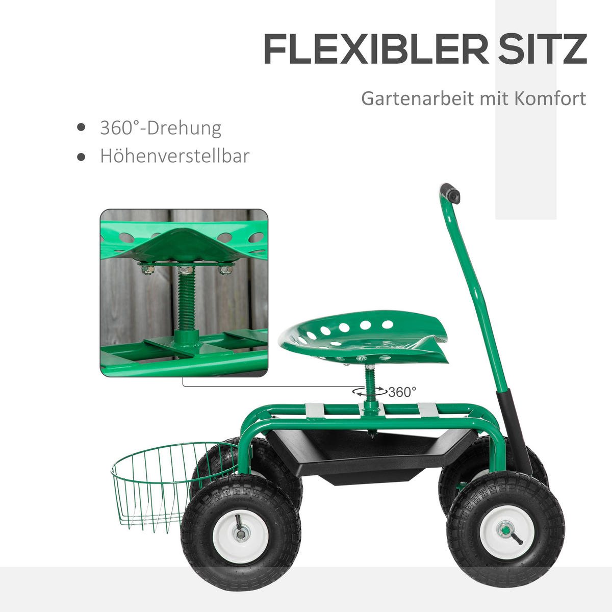 GARTENWAGEN mit Rollsitz bis 150 kg mit Ablage Korb für kleine Gartengeräte - Grün, Metall (45/87/98cm) - Outsunny
