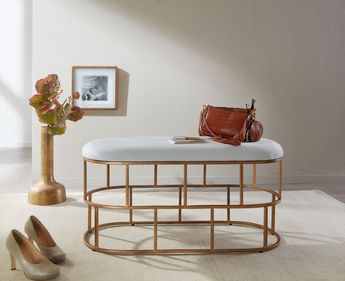 SITZBANK – Samt, Weiß, 90x46x38 cm, Metallgestell Gold - Goldfarben/Weiß, Textil/Metall (90/46/38cm) - KADIMA DESIGN