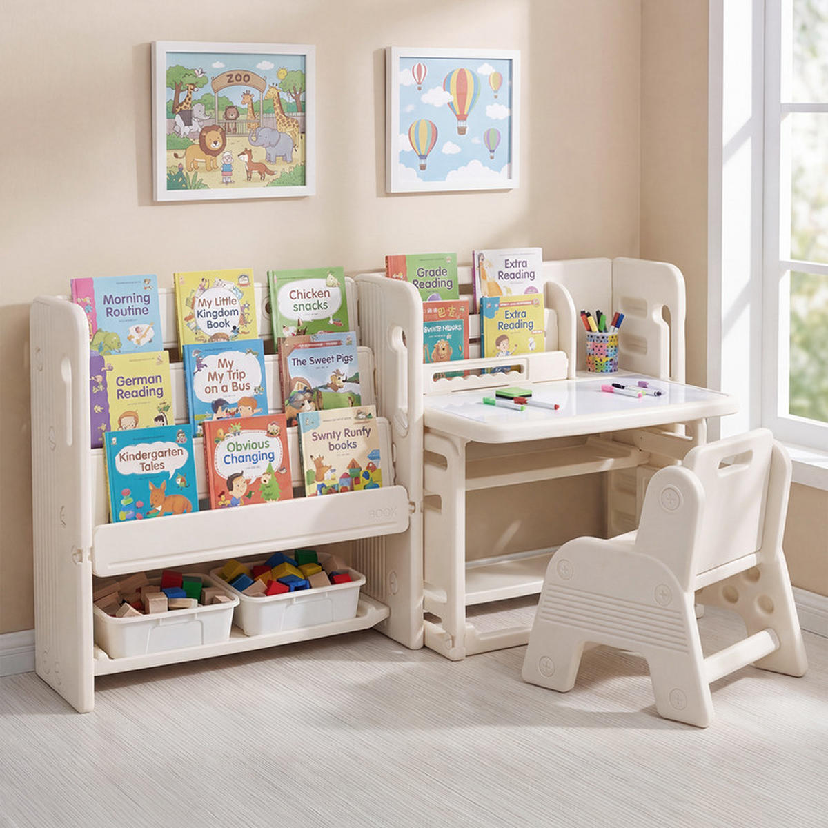 KINDERTISCH-STUHL-SET mit Bücherregal beige(2-tlg) - Beige, Kunststoff (135/68/51cm) - COSTWAY