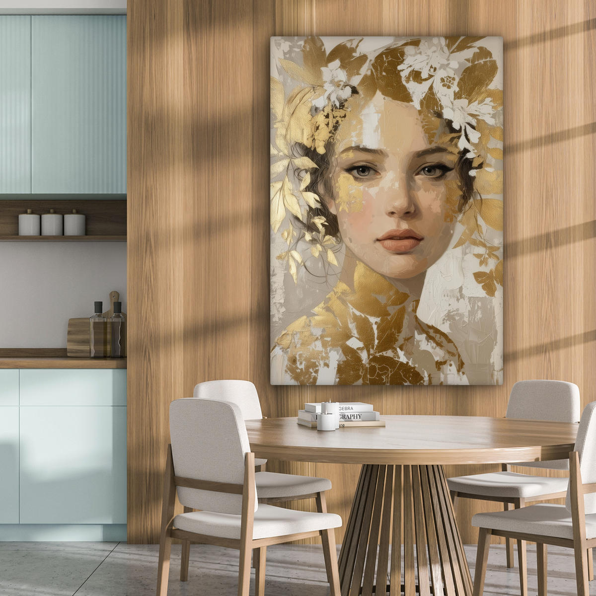 LEINWANDBILD Gesicht - Frau - Blätter - Gold Deko XXL 80x120 cm - Beige, Textil (80/120cm) - MuchoWow