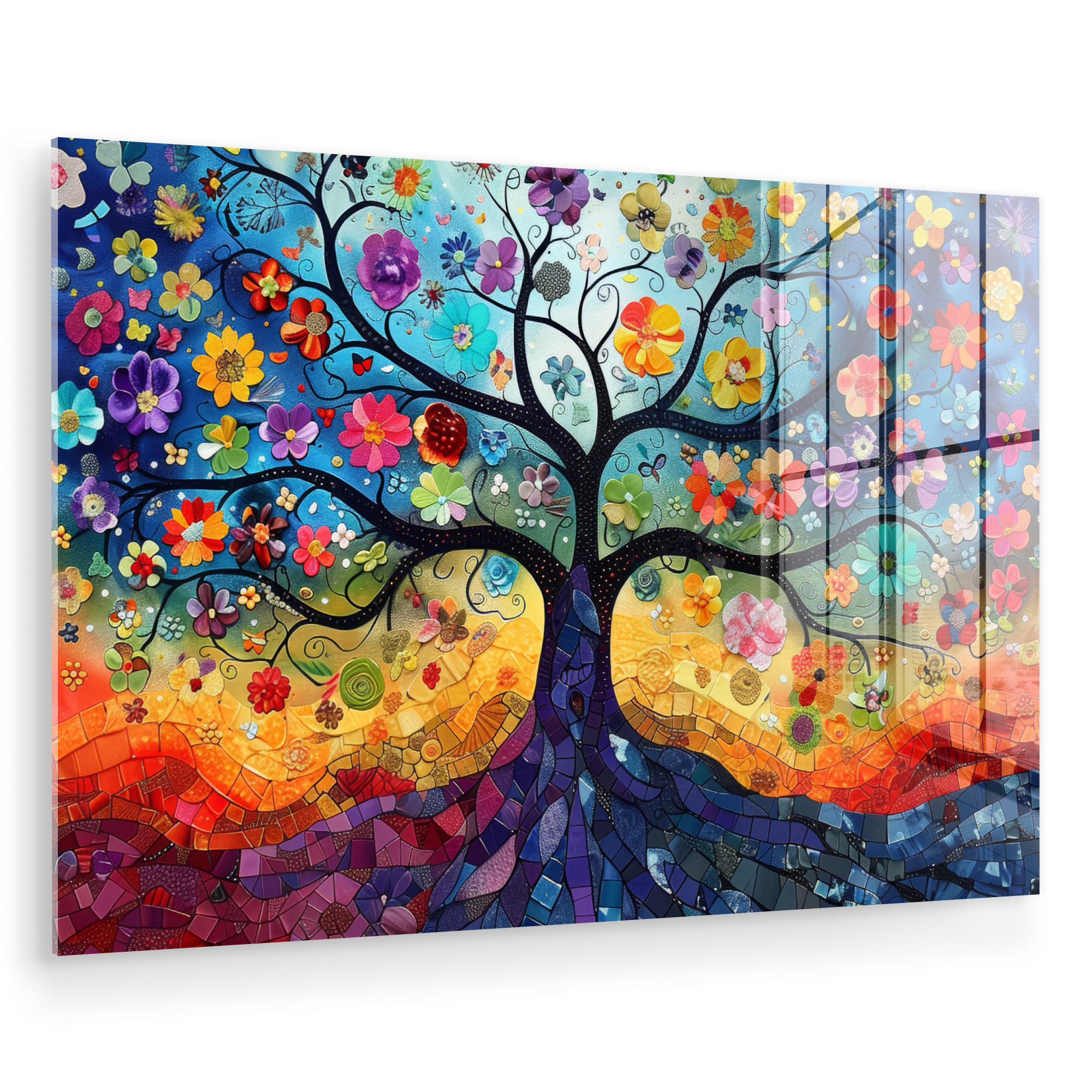 ACRYLGLASBILD Kunst - Baum des Lebens - Blumen - Hippie 60x40 cm - Dunkelblau, Glas (60/40cm) - MuchoWow