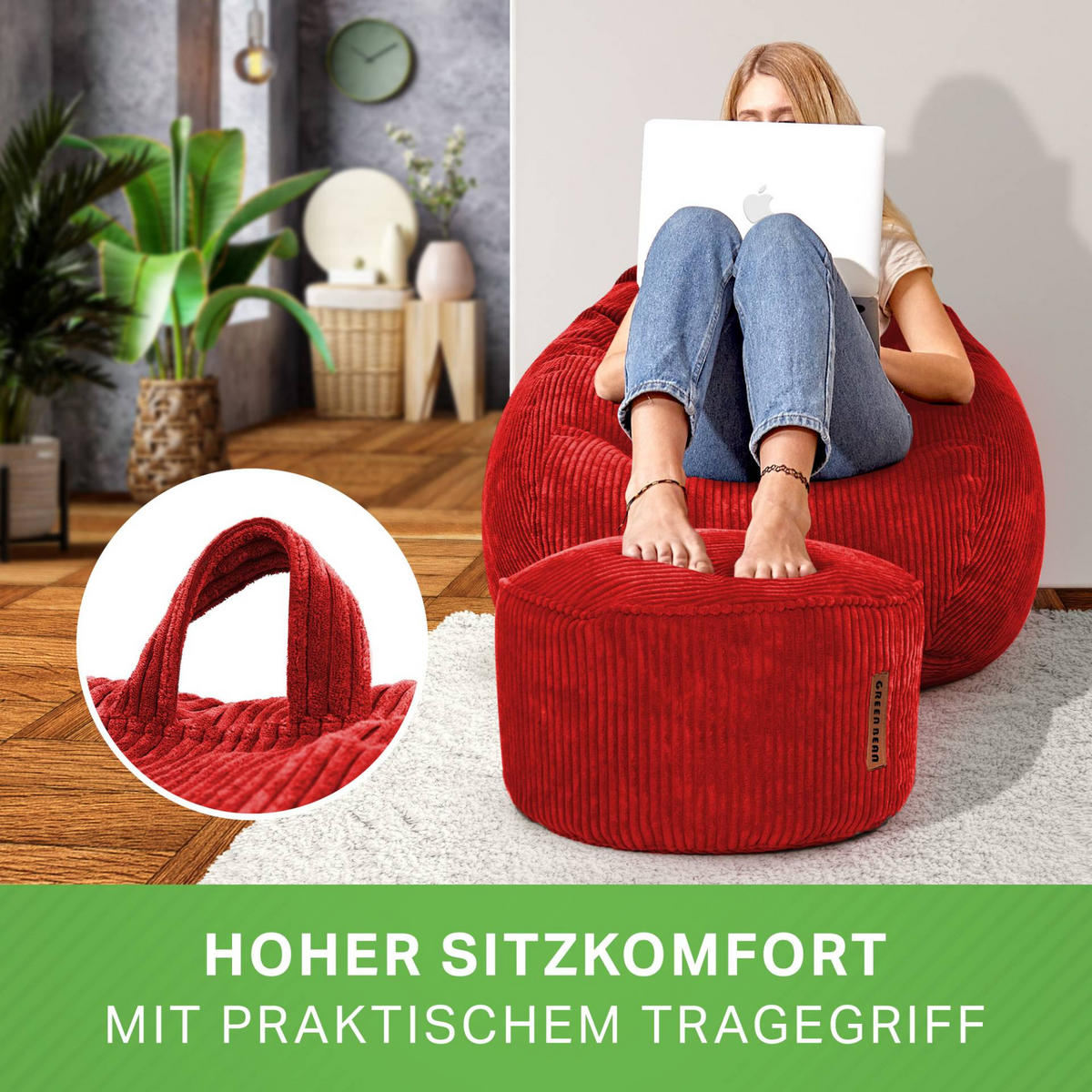 XXL-SITZSACK 2er Set + Pouf - Cordstoff - Rot, Textil (90/110/90cm) - Green Bean