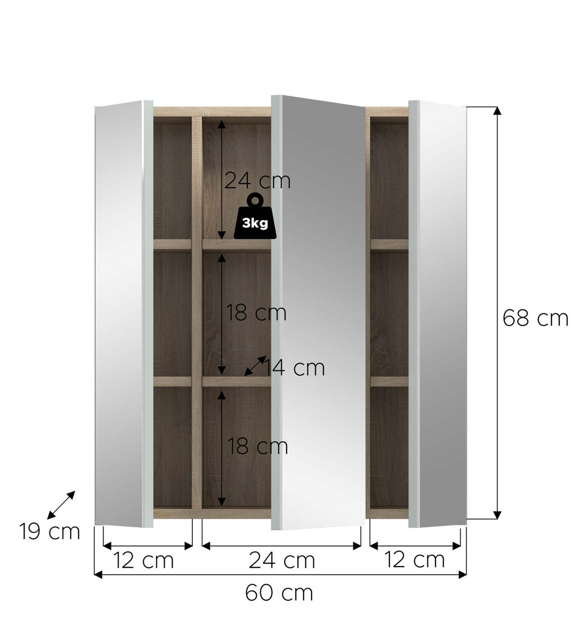 SPIEGELSCHRANK grün, Badschrank skandinavisch 3-türig 60 x 68 cm - Eichefarben/Grün, Glas/Holzwerkstoff (60/68/19cm) - Inn.Furn