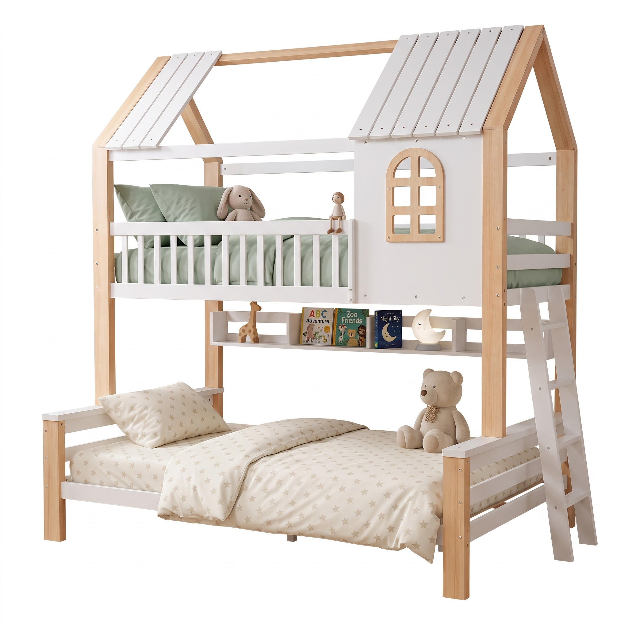 ETAGENBETT 90x200/140x200 mit Leiter, Dach/Rausfallschutz, Holz, Weiß/Natur - Weiß, Holz - LVHOM
