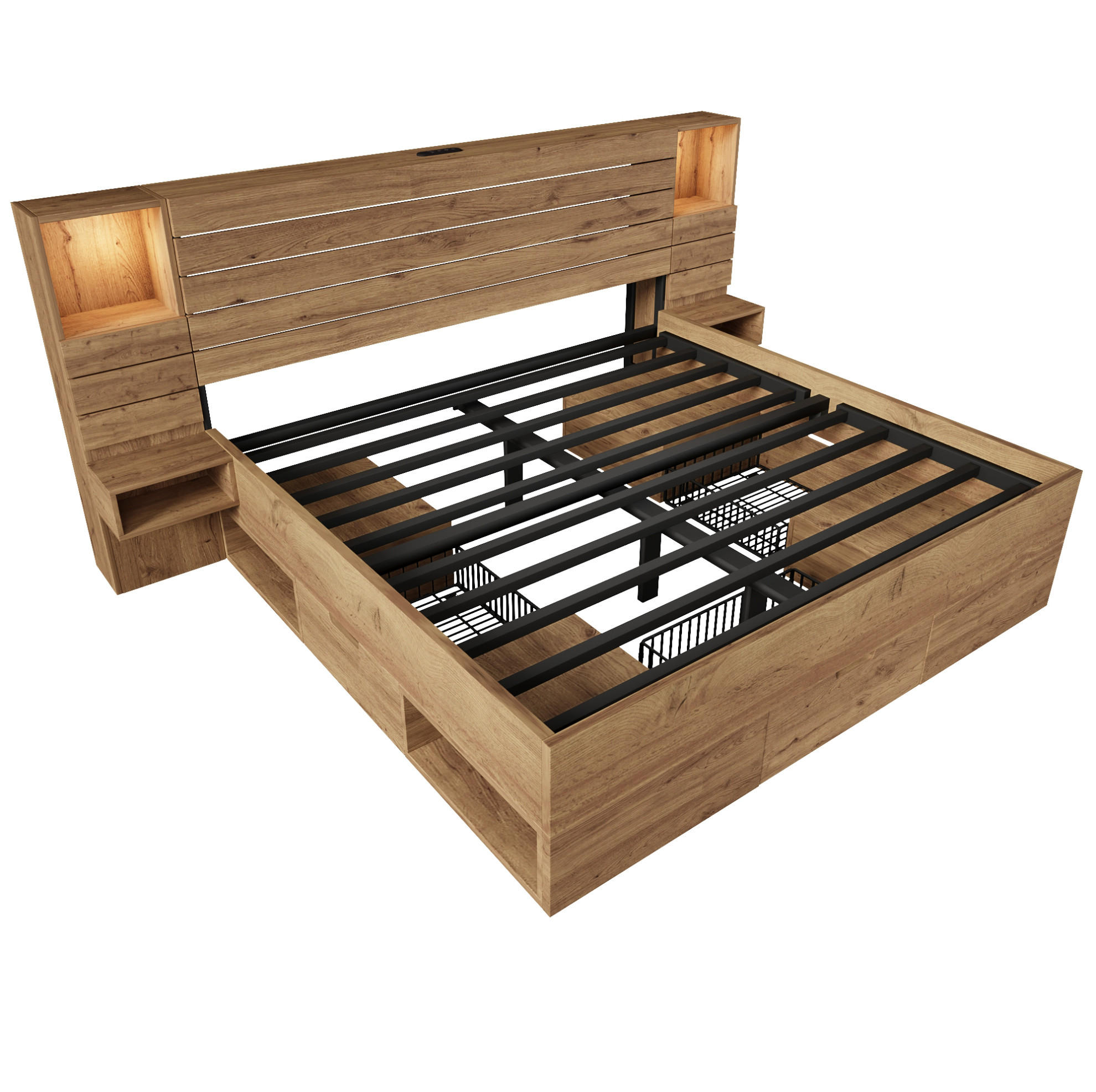 Modfu MANŽELSKÁ postel z MDF a kovu 180x200 cm dubová s LED osvětlením, USB/USB-C a úložnými zásuvkami