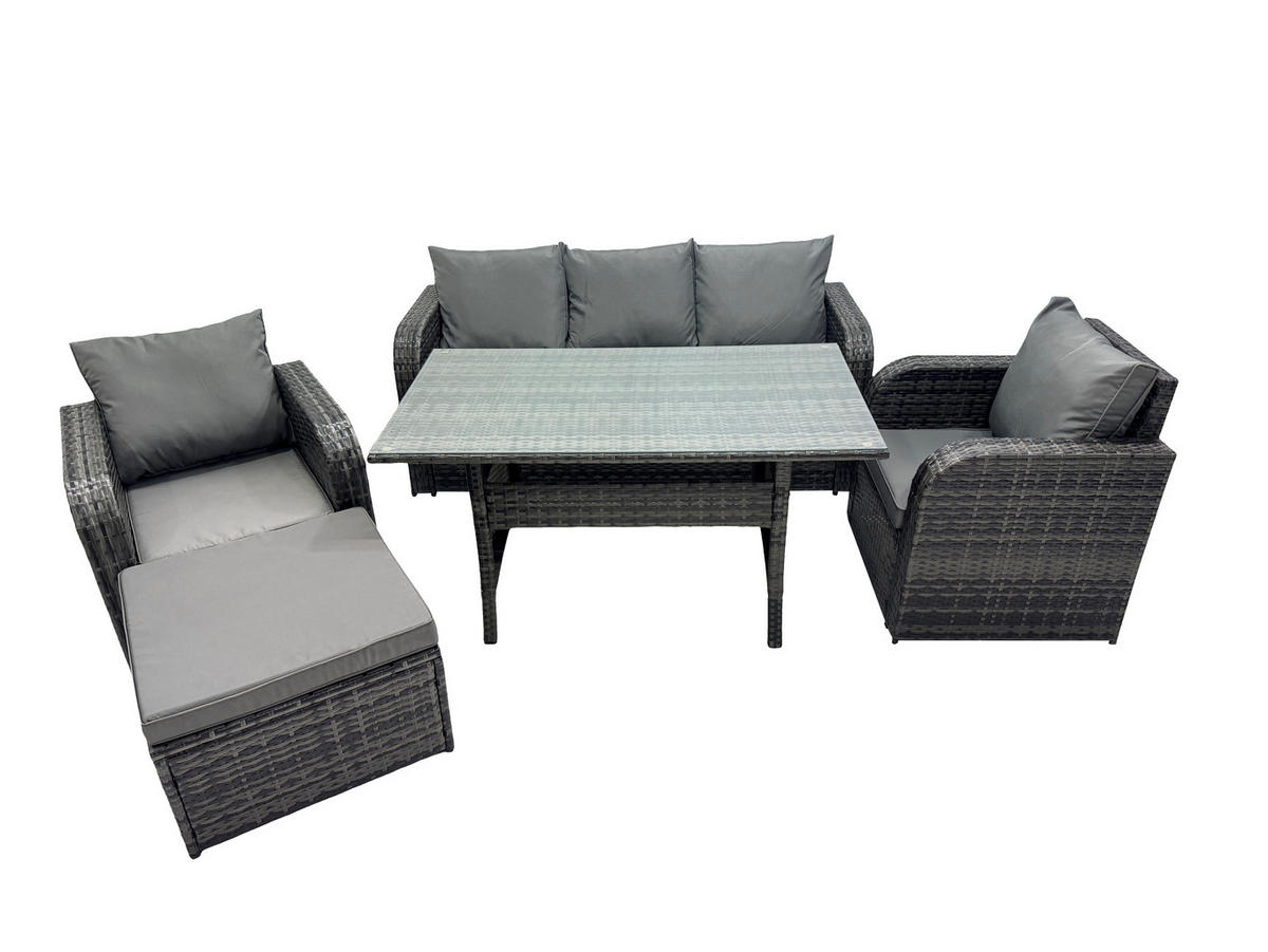 GARTENSET mit 3-Sitzer-Sofa,Esstisch Polyrattan 6-Sitzer - Dunkelgrau/Grau, Glas/Kunststoff - Fimous