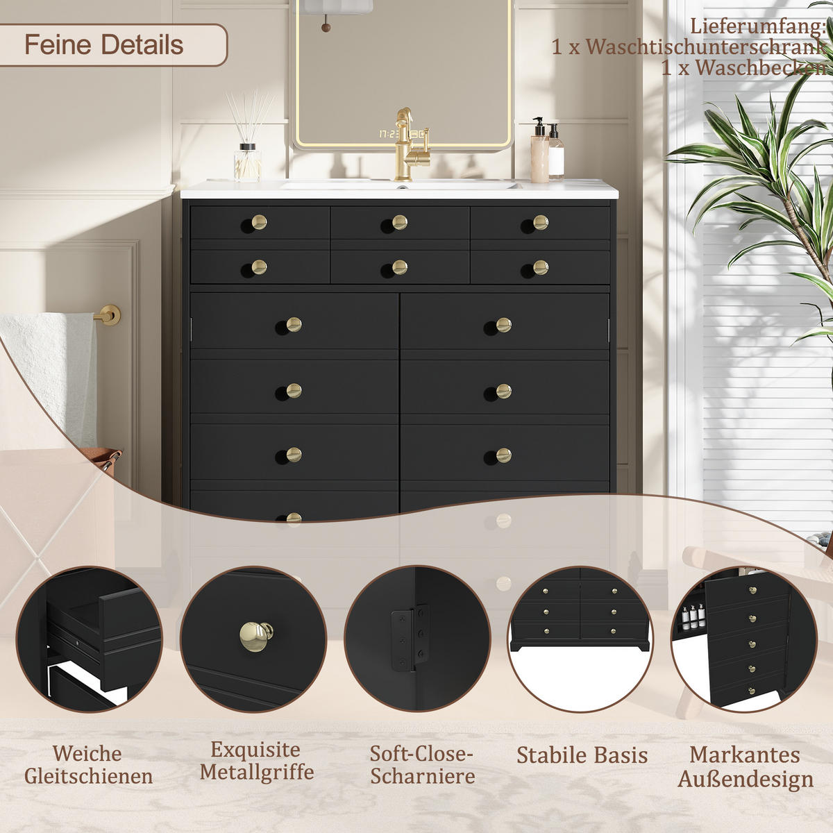 WASCHTISCH Schwarz 91.5/47/86.5 cm - Schwarz, Holz (91.5/86.5/47cm) - PANGIVO