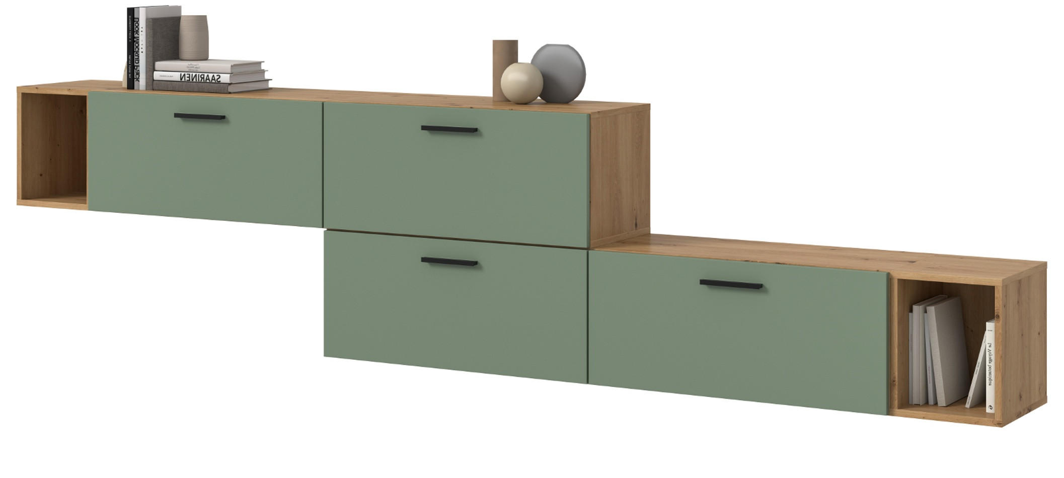 SIDEBOARD grün, Eiche Artisan 277 cm, Kommode mit Soft-Close - Schwarz/Eiche Artisan, Holzwerkstoff/Kunststoff (277/65/34cm) - Inn.Furn