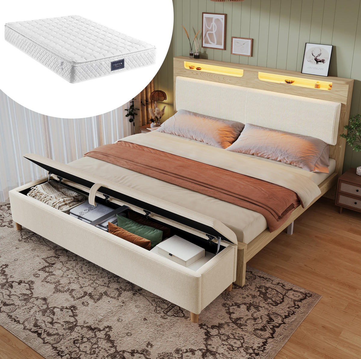 POLSTERBETT 160/200 cm mit LED-Beleuchtung, Matratze Stauraumkopfteil und Bettbank, Eichefarben/Beige - Beige, Holzwerkstoff (160/200cm) - Redom