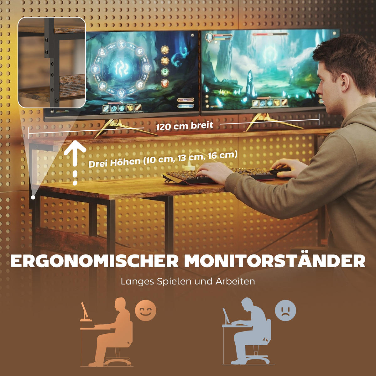 GAMING TISCH aus Spanplatte Stahl Rustikal-Braun - Schwarz/Braun, Holzwerkstoff/Textil (155/110/91.4cm) - HOMCOM