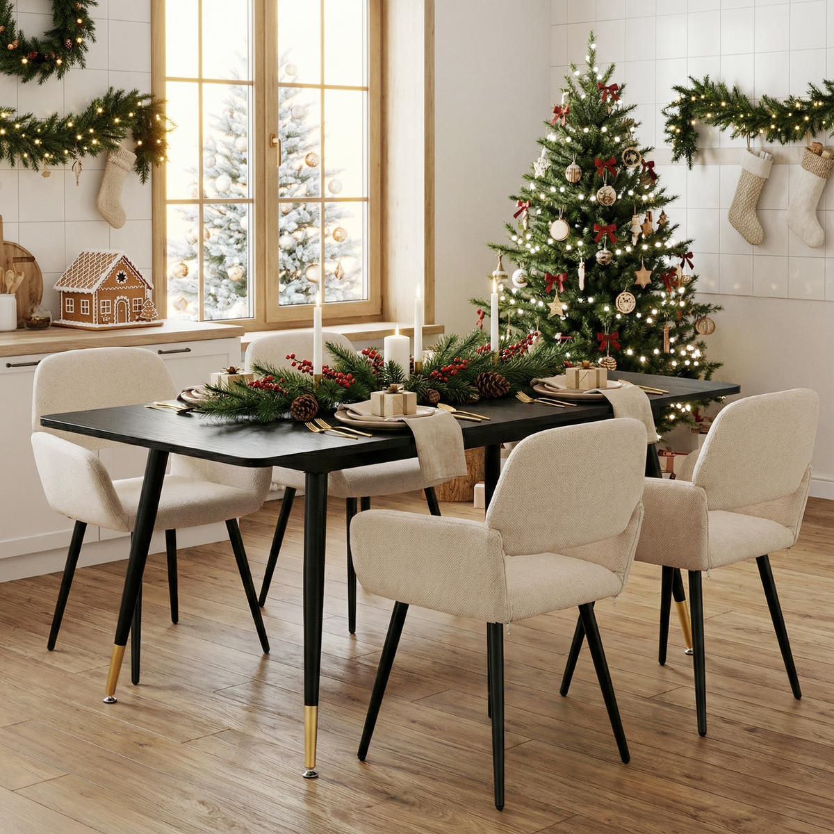 ESSZIMMER SET mit ausziehbarem Tisch und 4 bequemen Stühlen - Beige/Schwarz, Holzwerkstoff/Metall (80/75/160cm) - Urban Meuble