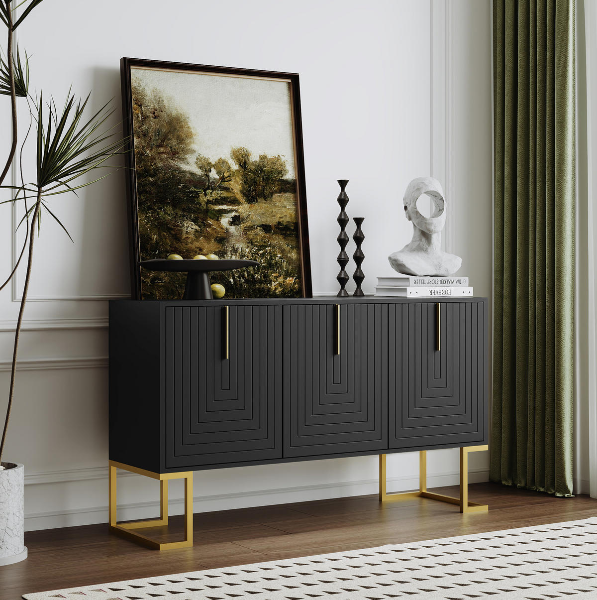 SIDEBOARD 130/40/80 cm schwarz aus MDF mit 3 Türen und verstellbaren Regalen - Schwarz, Holzwerkstoff (138/80.5/40cm) - OKWISH