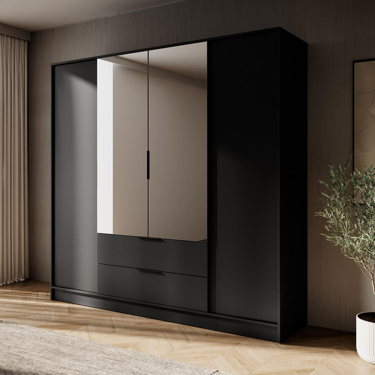 GROSSER Kleiderschrank RICADI 4DL (Schwarz, Spiegel, 4 Türen, 2 Schubladen, Kleiderstange, Kunststoffgriffe) - Schwarz, Holz/Holzwerkstoff (206/200/51cm) - Ravio