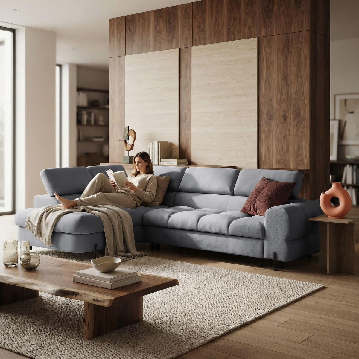 ECKSOFA BOWL L Links mit Schlaffunktion 125x195 Velours Dunkelgrau - Dunkelgrau/Schwarz, Holz/Textil (260/195cm) - Muffo