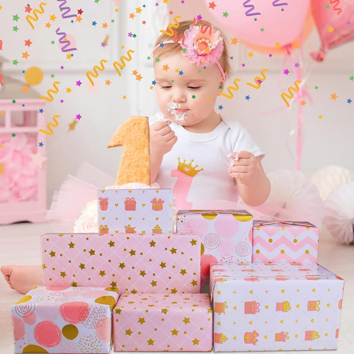 GESCHENKPAPIER Set 6-teilig mit Bändern und Aufklebern Rosa/Gold - Multicolor, Papier (22/0.5/25cm)
