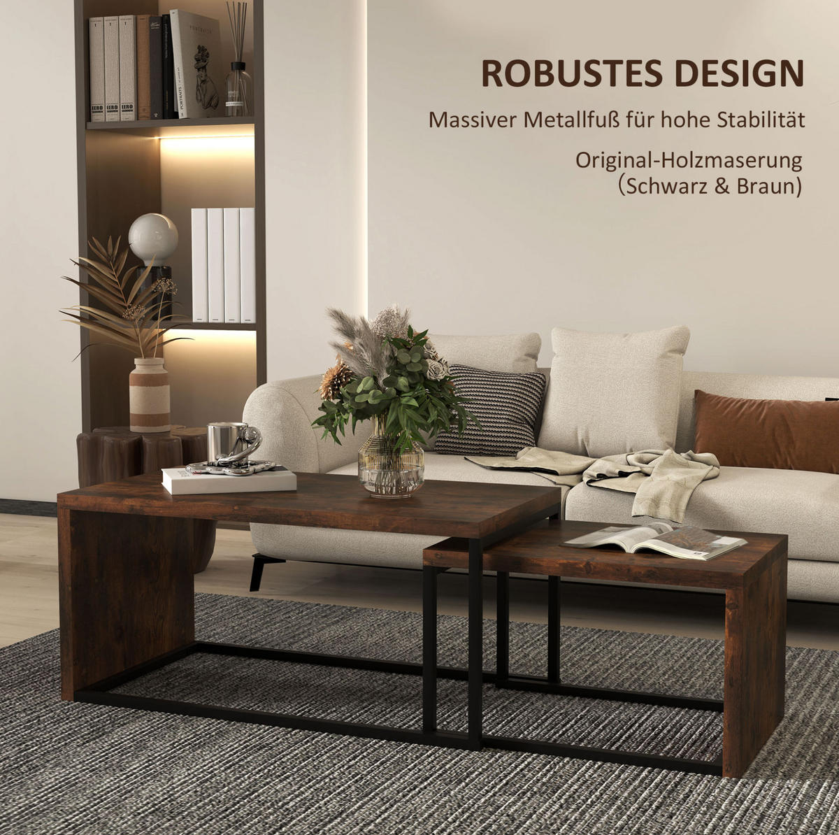 COUCHTISCH 90/48/42 cm und 59/42/36 cm rustikal braun aus Holz mit Metallrahmen - Braun, Holz (90/48/42cm) - OKMYHOME