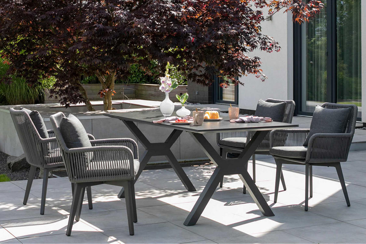 GARTENMÖBELSET Diningsessel Marbella mit Tisch Granada 200 x 90 cm - Grau, Metall - Mr. Deko