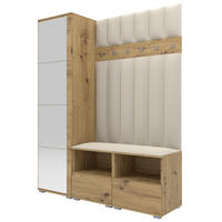 GEPOLSTERT Garderoben-Set Nela II LUX (Spiegel – Farbe Eiche Artisan + Stoff Trinity 01) - Silberfarben/Creme, Holz/Holzwerkstoff (150/187/40cm) - Ravio