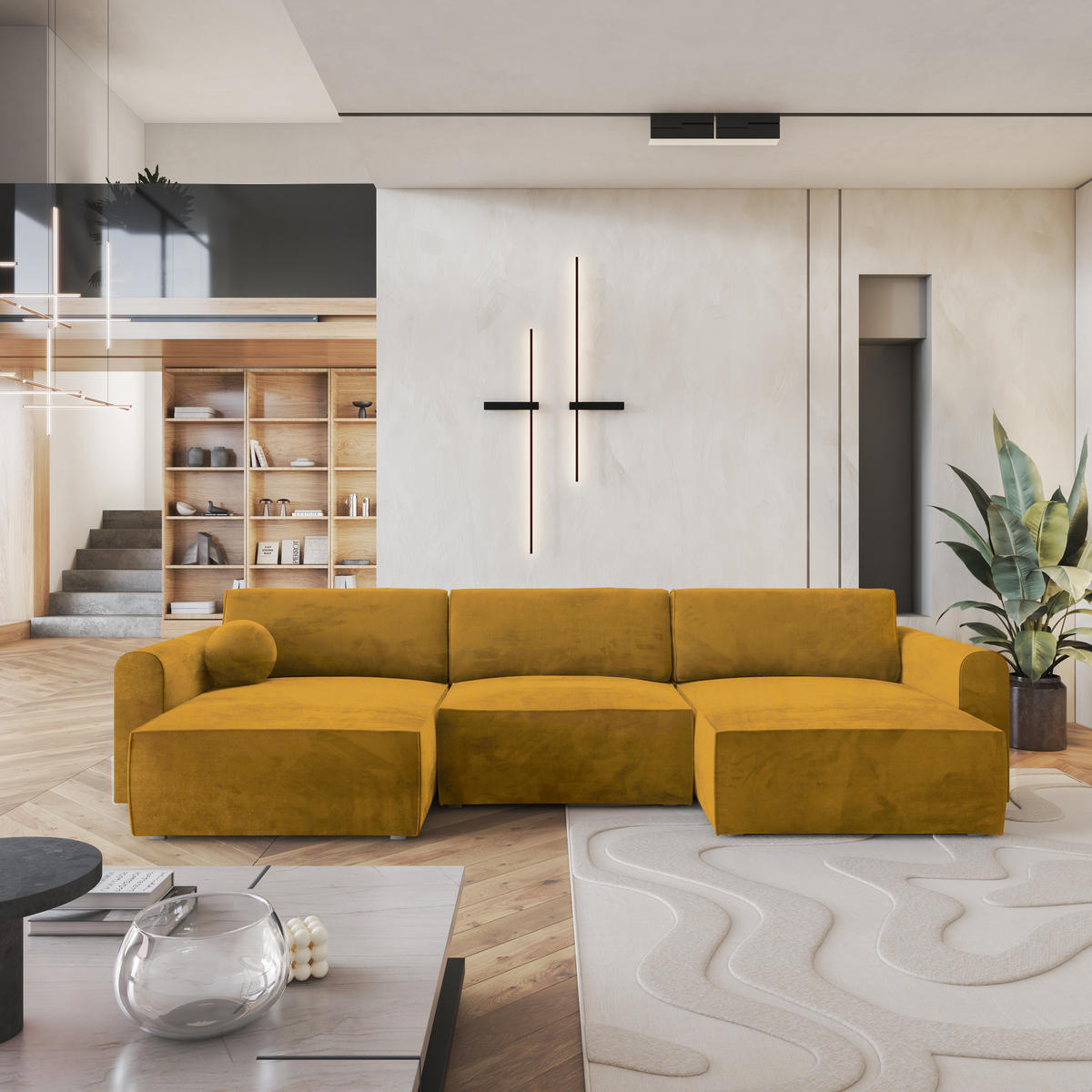 ROHOVÁ SEDAČKA FENTO žlutá - šedá/žlutá, dřevo/textil (347/148cm) - MASSENO