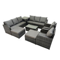 GARTENMÖBEL-SET mit Kissen Polyrattan Dunkelgrau 10-Sitzer - Dunkelgrau/Grau, Glas/Kunststoff - Fimous