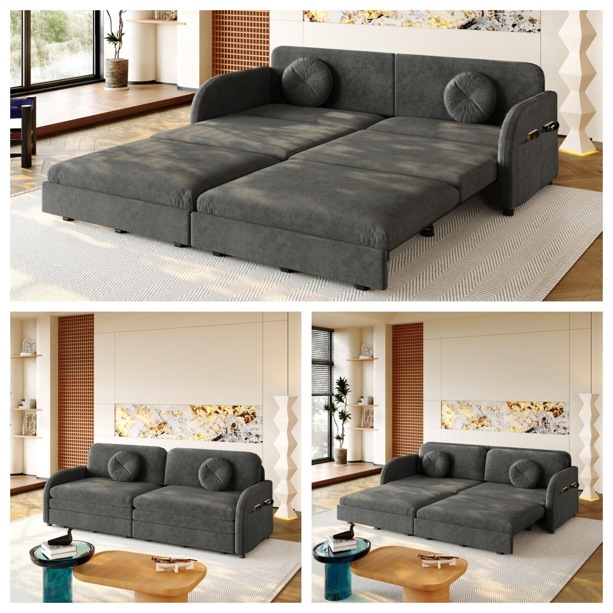 SCHLAFSOFA 3-in-1 ausziehbar 206 cm mit Stautaschen, DE-42862, Grau - Grau, Metall (205/89/84cm) - ComfortXL