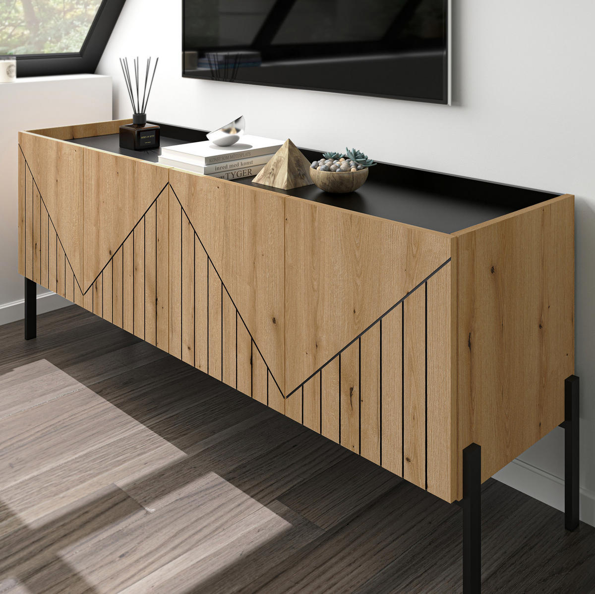 TV-LOWBOARD Evoke Eiche, TV Unterteil 153 cm, mit Soft-Close und Komforthöhe 62 cm - Eichefarben/Schwarz, Holzwerkstoff/Metall (153/62/40cm) - Inn.Furn