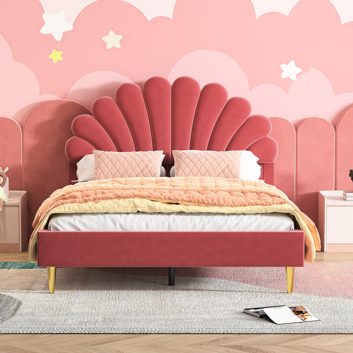 POLSTERBETT 140x200 cm Samt Muschel Kopfteil rot - Rot, Holz (140/200cm) - LEBENLANG