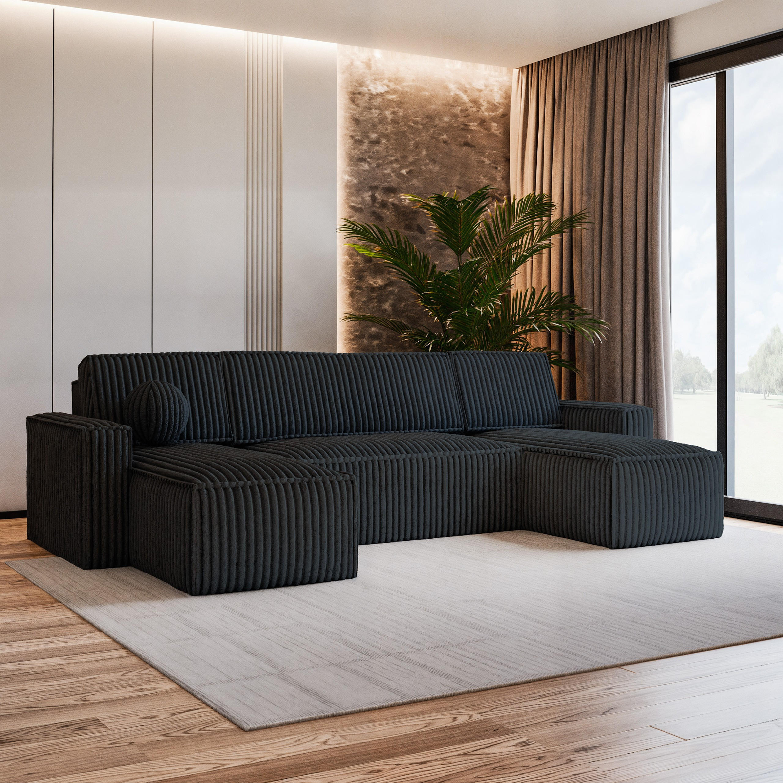 WOHNLANDSCHAFT PESANO T Schwarz Kordstoff mit Schlaffunktion - Schwarz, Holz (306/85/140cm) - MASSENO