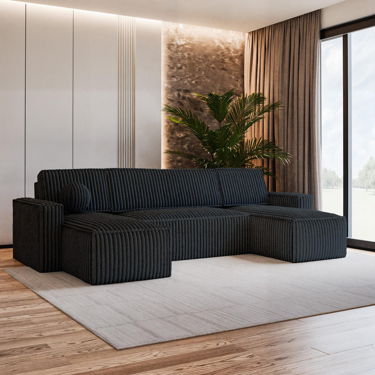 WOHNLANDSCHAFT PESANO T Schwarz Kordstoff mit Schlaffunktion - Schwarz, Holz (306/85/140cm) - MASSENO