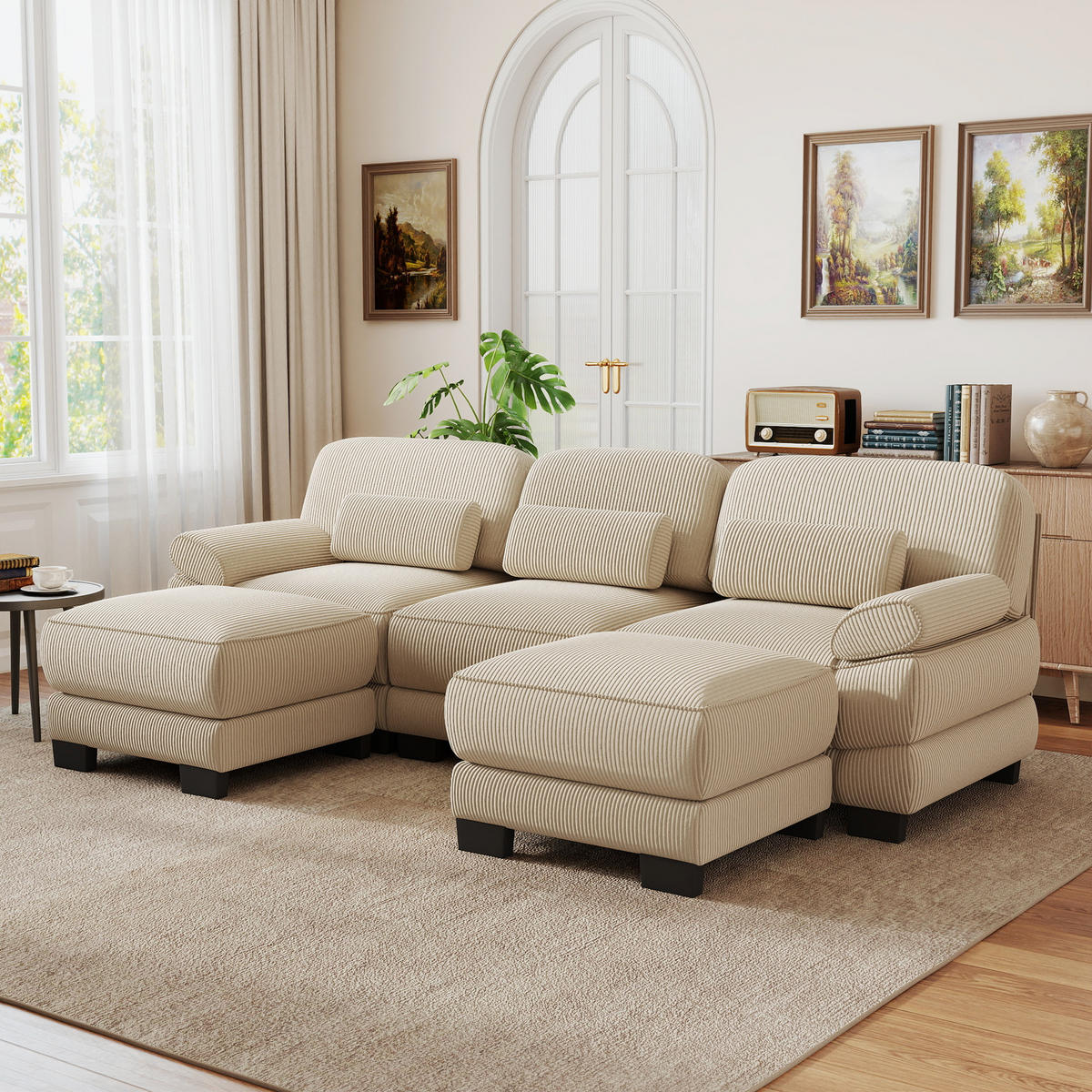 WOHNLANDSCHAFT 3-Sitzer U-Form mit 2 Hockern, DE-42659, Beige - Beige, Holz (265/94/161cm) - ComfortXL