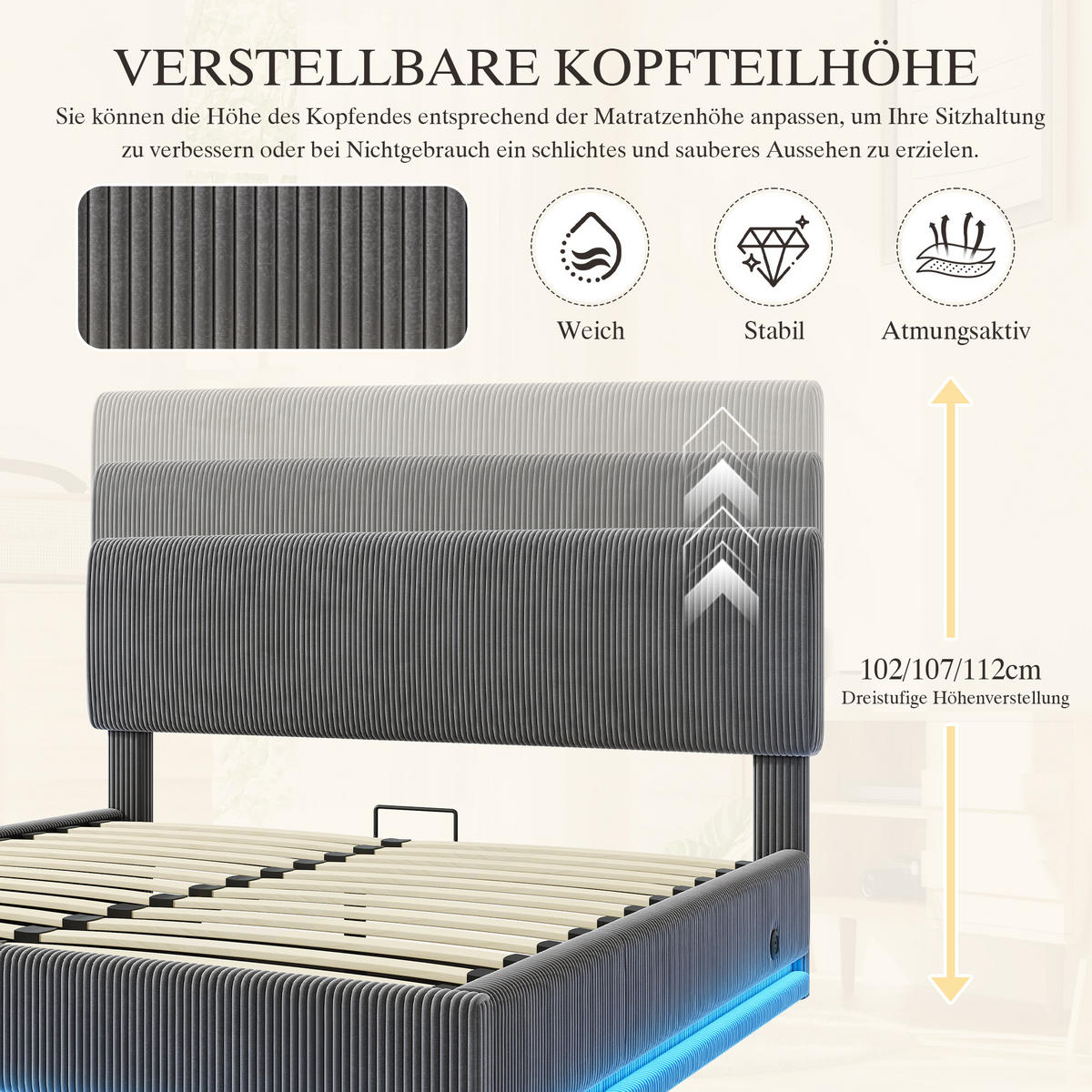 POLSTERBETT 160x200 cm LED USB Stauraum grau - Dunkelgrau, Textil (160/200cm) - LEBENLANG