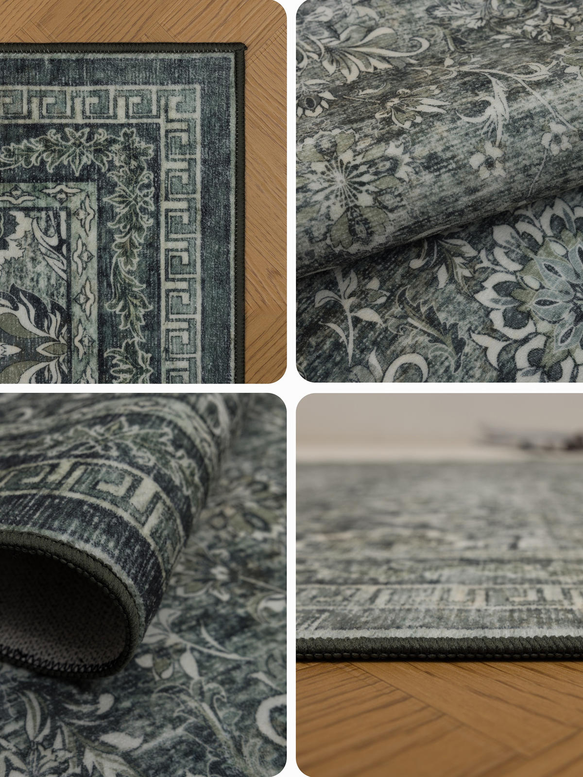 TEPPICH Kurzflor, waschbar, mit floralen Ornamenten, VERNANTE in Grün-Grau, 120 x 170 cm - Grün, Textil (120/170cm) - KADIMA DESIGN
