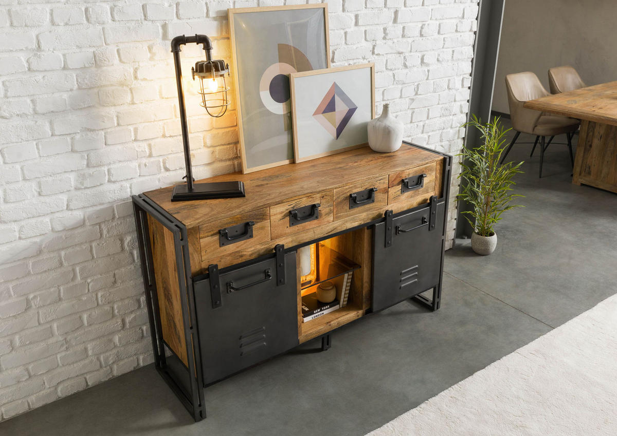 SIDEBOARD Mango / Altholz 150x45x90 natur / grau lackiert / Metall grau BLACKBURN LUX #410 - Braun, Holz (150/90/45cm) - Massivmoebel24