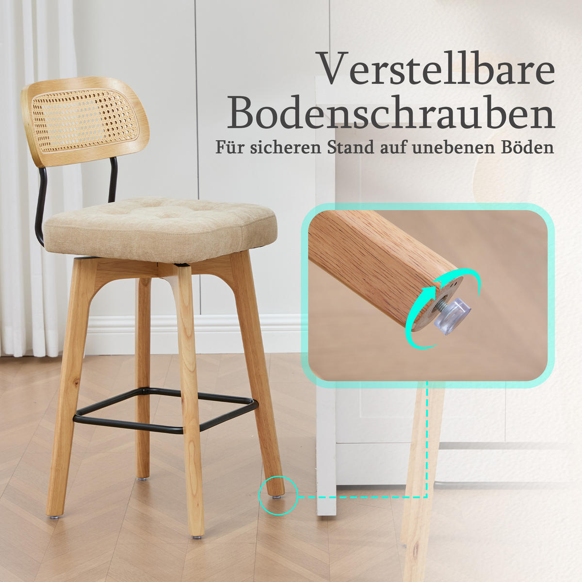 BARHOCKER 2er Set, 360° drehbar, Wiener Geflecht/Chenille, 67,5cm Sitzhöhe, Khaki - Wildeiche/Hellbraun, Holz/Textil (44/96/51cm) - LVHOM