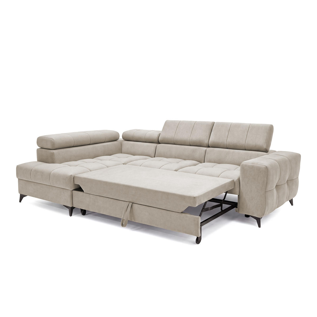 ECKSOFA PUDDING S Links mit Schlaffunktion 125x195 Velours Creme - Creme/Schwarz, Holz/Textil (177/275cm) - Muffo