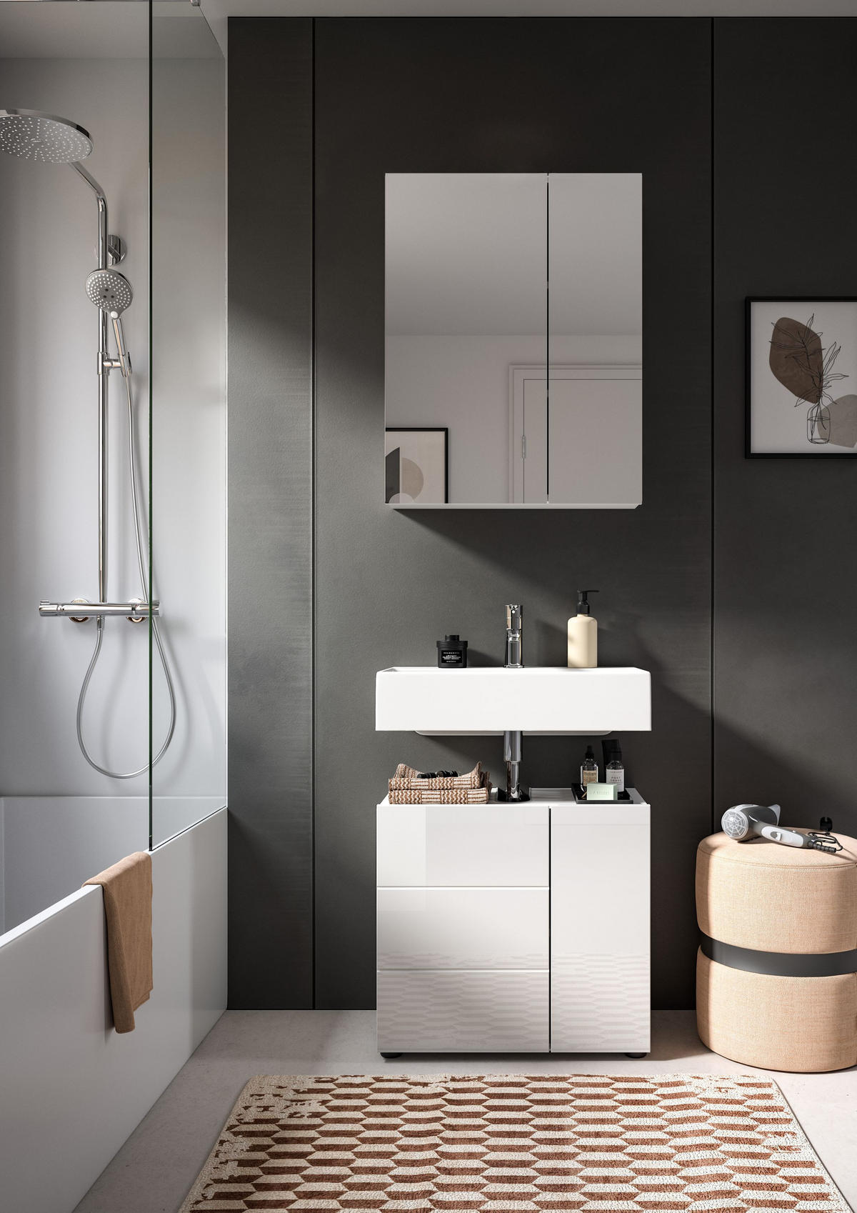 BADMÖBEL Set Vira 2tlg. Bad Kombination in Weiß (B/H/T: 60x190x34 cm) - Weiß, Holz (60/190/34cm)