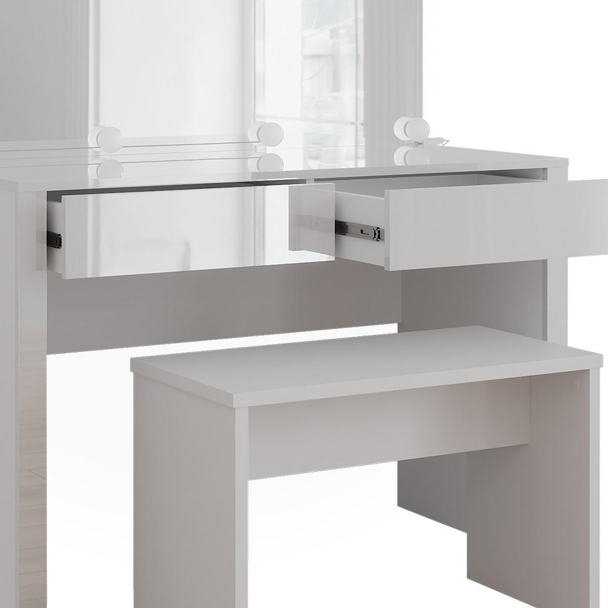 SCHMINKTISCH Annabelle Weiß Hochglanz/Weiß 110 cm mit LED-Beleuchtung und Bank - Weiß Hochglanz/Weiß, Holzwerkstoff (110/75.5/50cm) - Vicco