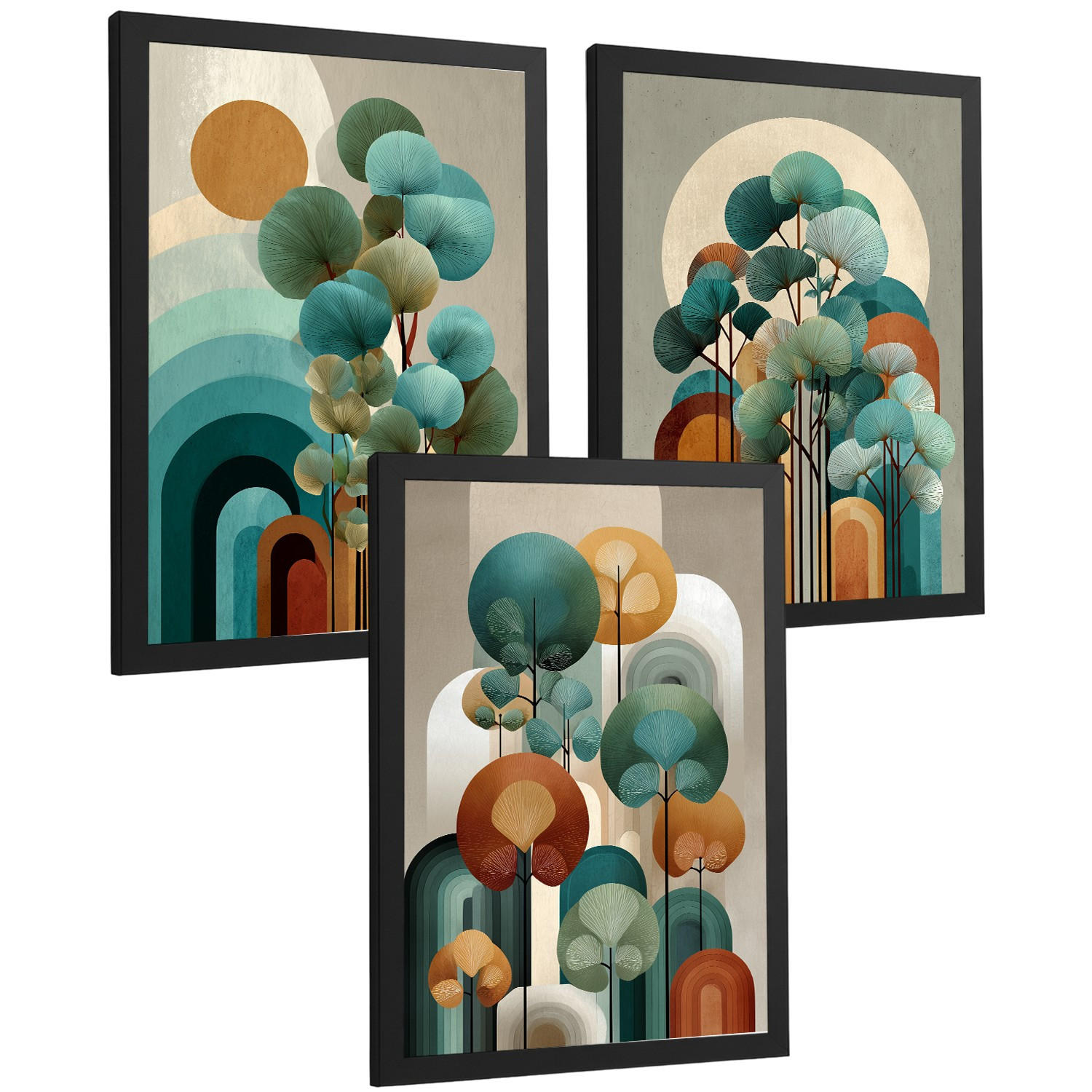 POSTER 3er Kunstdruck-Set Wandbilder Floral Abstrakt Blau Türkis modern Wohnzimmer Deko, Schlafzimmer, Küche, Badezimmer Schwarzer Rahmen A4 - Schwarz, Papier (29.7/1/21cm) - Nacnic