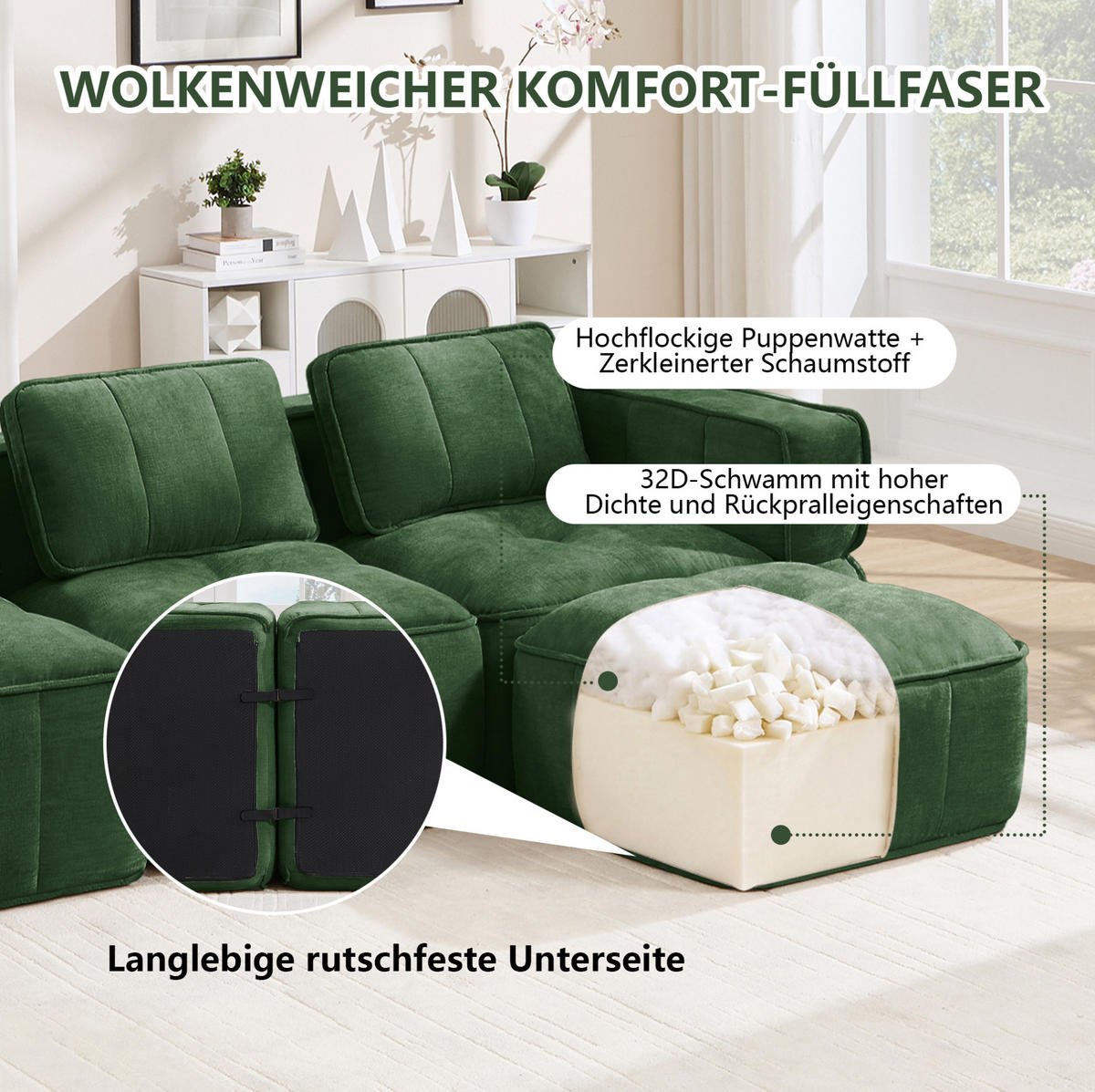 SOFA modular 3-Sitzer Polyester Green - Grün, Textil (217/67/93cm) - IVMEU