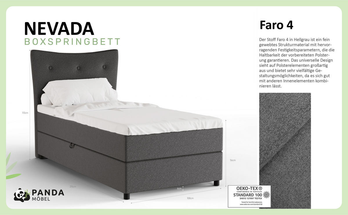 BOXBETT Nevada 100x200 cm Polsterbett mit hochwertiger Bonell-Matratze und Topper - Dunkelgrau - Anthrazit, Holz (100/200cm) - Panda Möbel