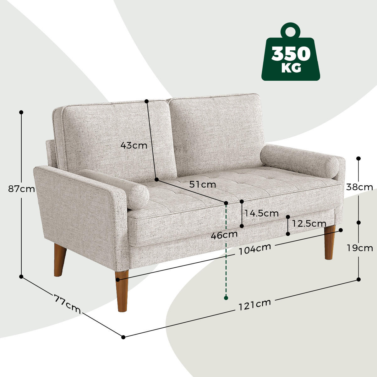 SOFA 2-Sitzer Modernes Kleines Sofa 120 cm,Stoffcouch mit Armlehne Knopf-Design, inkl. 2 Wurfkissen Couch für Wohnzimmer,Gästezimmer,Wohnung,Beige - Beige, Textil (51/46/121cm)