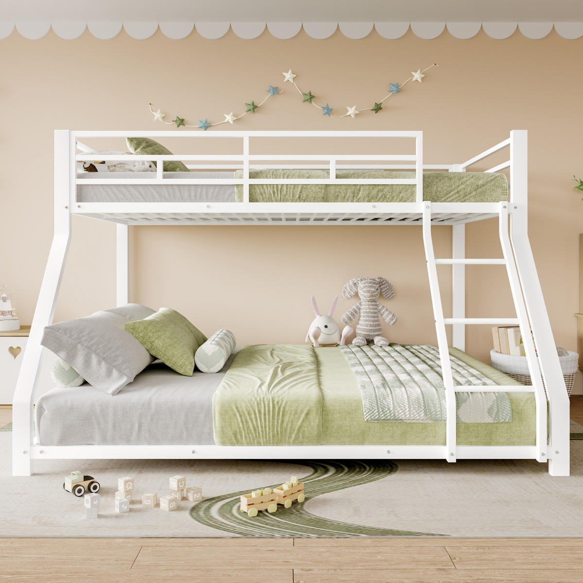 ETAGENBETT 90x200/140x200 cm in Weiß mit Treppe, Geländer und EN 747 Zertifizierung - Weiß, Metall (90/200cm) - IVMEU