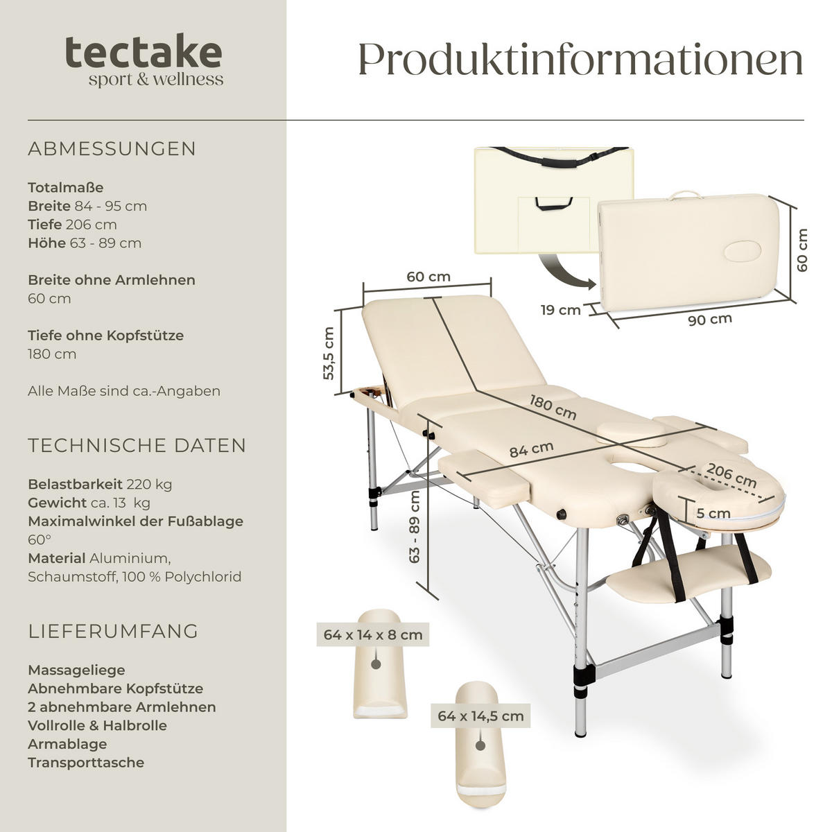 MASSAGELIEGE 3 Zonen, 210 x 95 x 89 cm,beige - Beige, Metall (95/89/210cm) - tectake