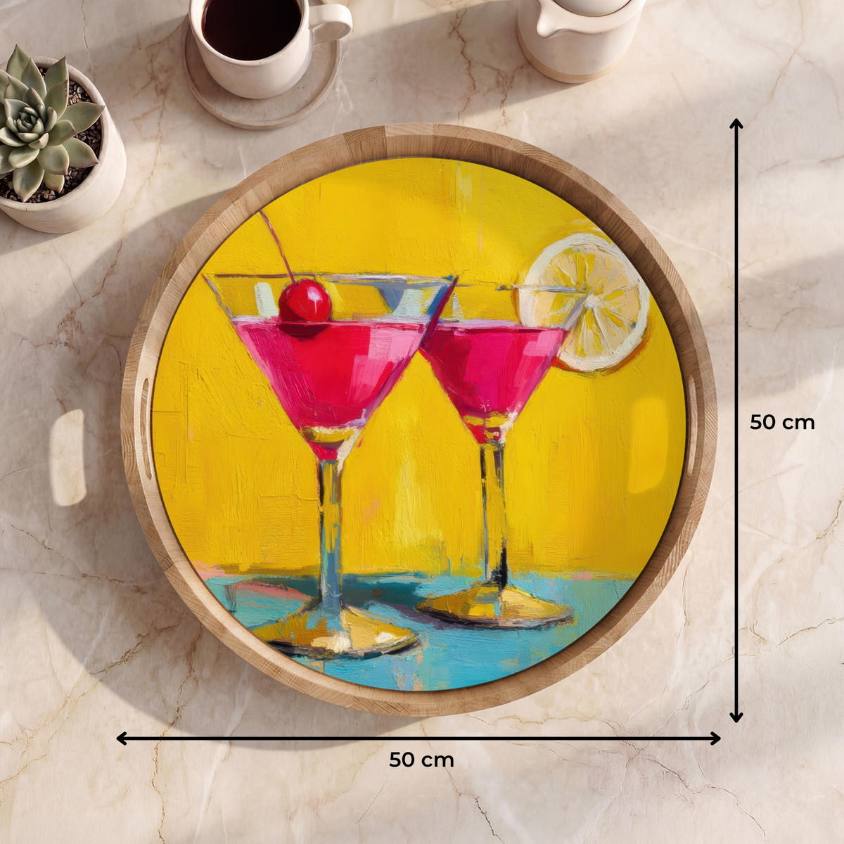 SERVÍROVACÍ PODNOS Sklenice - Koktejl - Citron - Třešeň 50x50 cm - žlutá, dřevo (50/5/5cm) - OnlyWow
