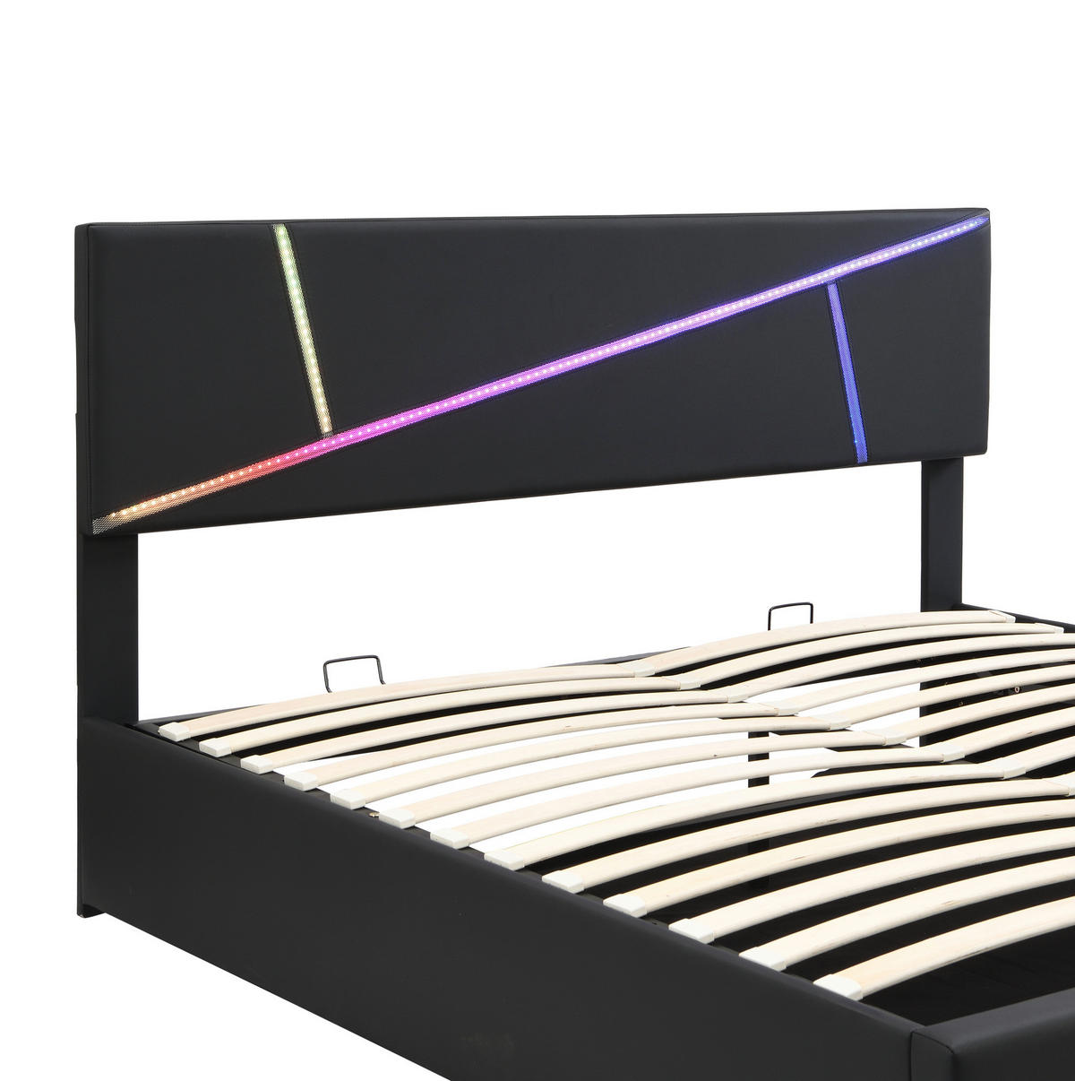 POLNJENA postelja iz PU 140x200 cm črna z LED osvetlitvijo, hidravličnim predalom in letvenim dnom - črna, usnje (140/200cm) - Modfu