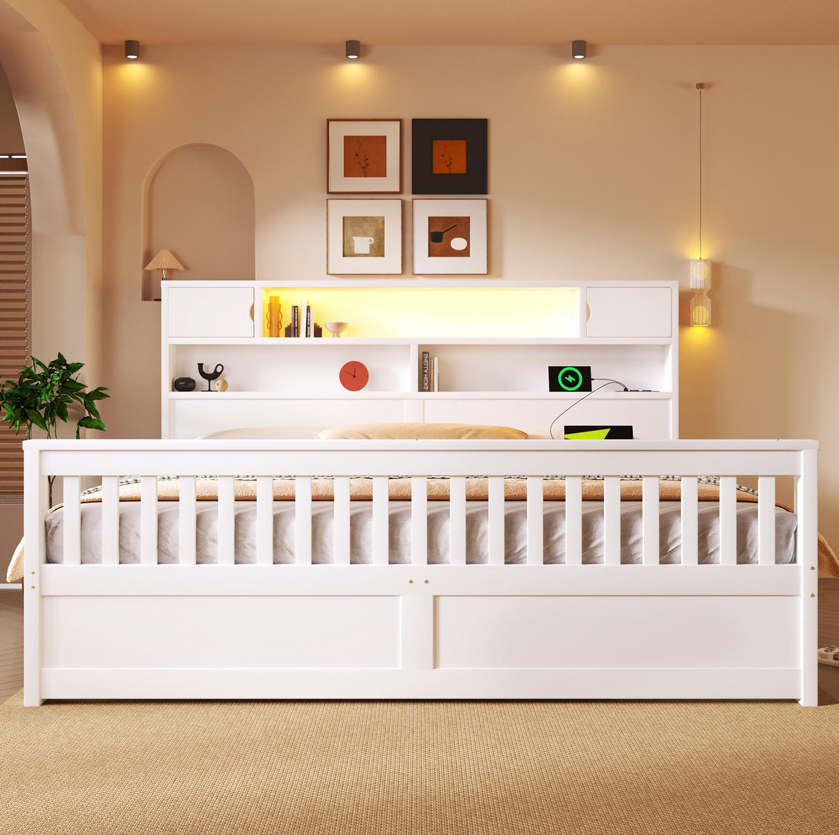 KREVET 180/200 cm s LED osvjetljenjem, policama i ladicama, Bijeli - bijela, drvni materijal (180/200cm) - Redom