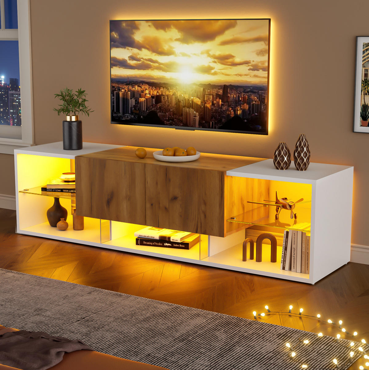 TV ormarić 160/40/42 cm antikno bijeli i prirodna boja hrasta od iverice s LED rasvjetom - svijetlo smeđa, drvni materijal (160/42/40cm) - OKWISH