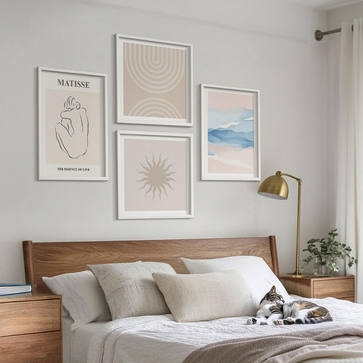 WANDBILDER 4er-Set - 50x50 cm & 40x60 cm Weißer Rahmen - Linien, Wellen, Pastellfarben, minimalistisch - Weiß, Kunststoff (50/50cm) - ArtPrintCave